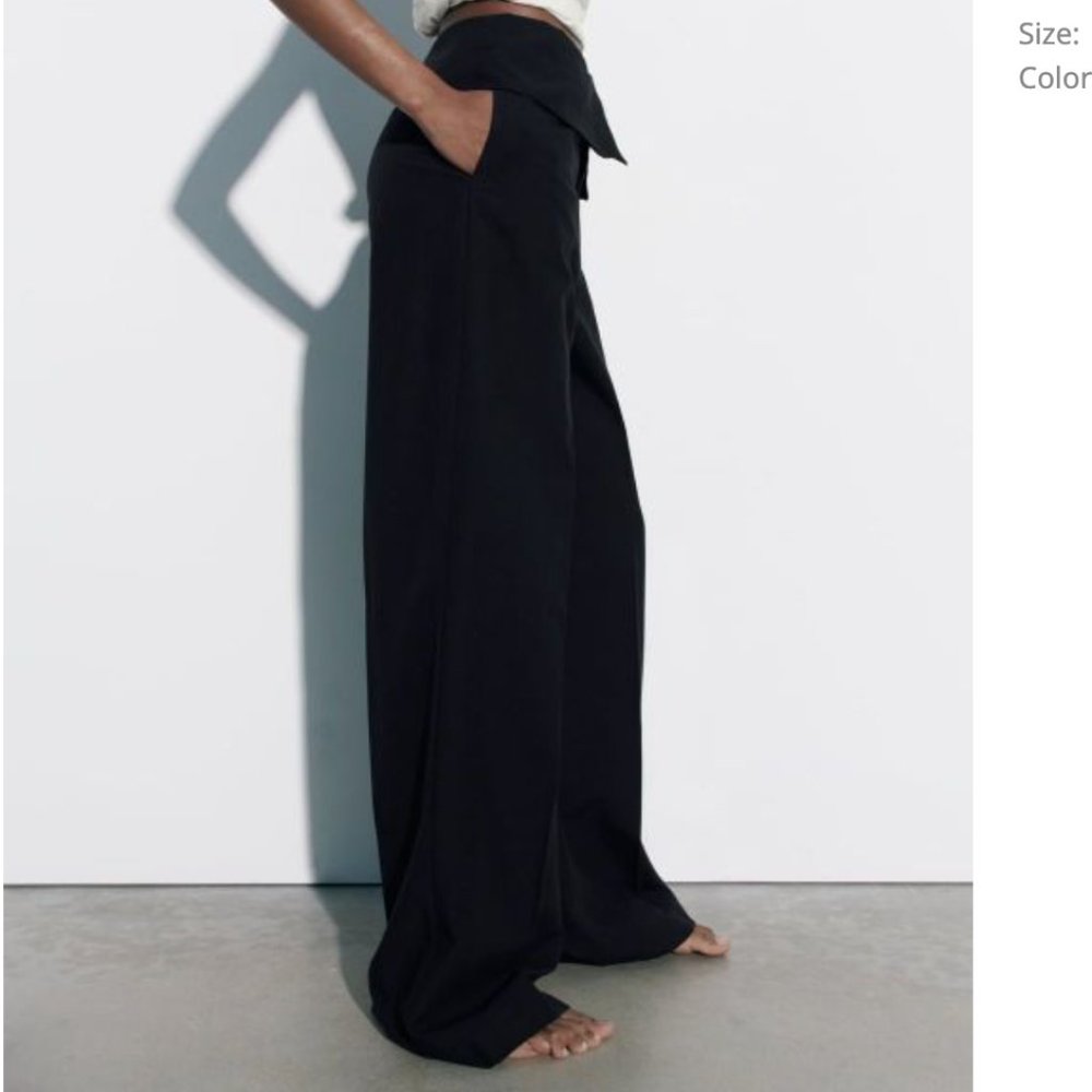 ZARA HIGH RISE FOLD DOWN WAISTBAND BLACK LONG LINEN BLEND PANT TROUSERS - Picture 5 of 8